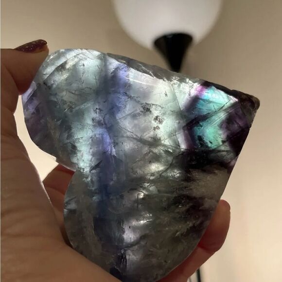 Rare Feather Fluorite Crystal Heart With Stand 365g - Picture 10 of 16